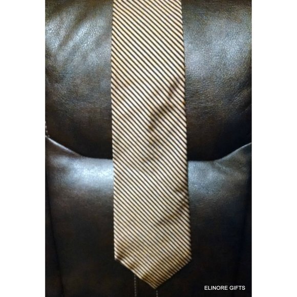 Designer Lauren Ralph Lauren Blue Tan Striped Tie Dress Shirt Necktie Silk EUC - Picture 1 of 1